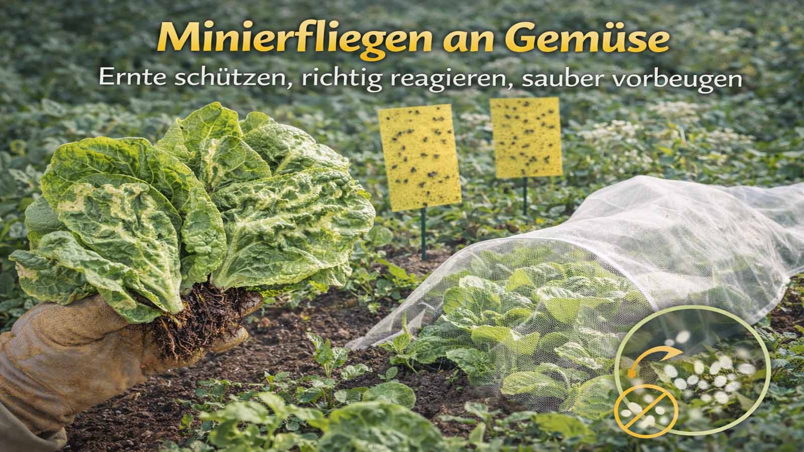 Salatpflanzen mit sichtbaren Miniergängen im Beet, daneben Gelbtafeln zur Kontrolle und ein aufgelegtes Kulturschutznetz zum Schutz vor neuer Eiablage.