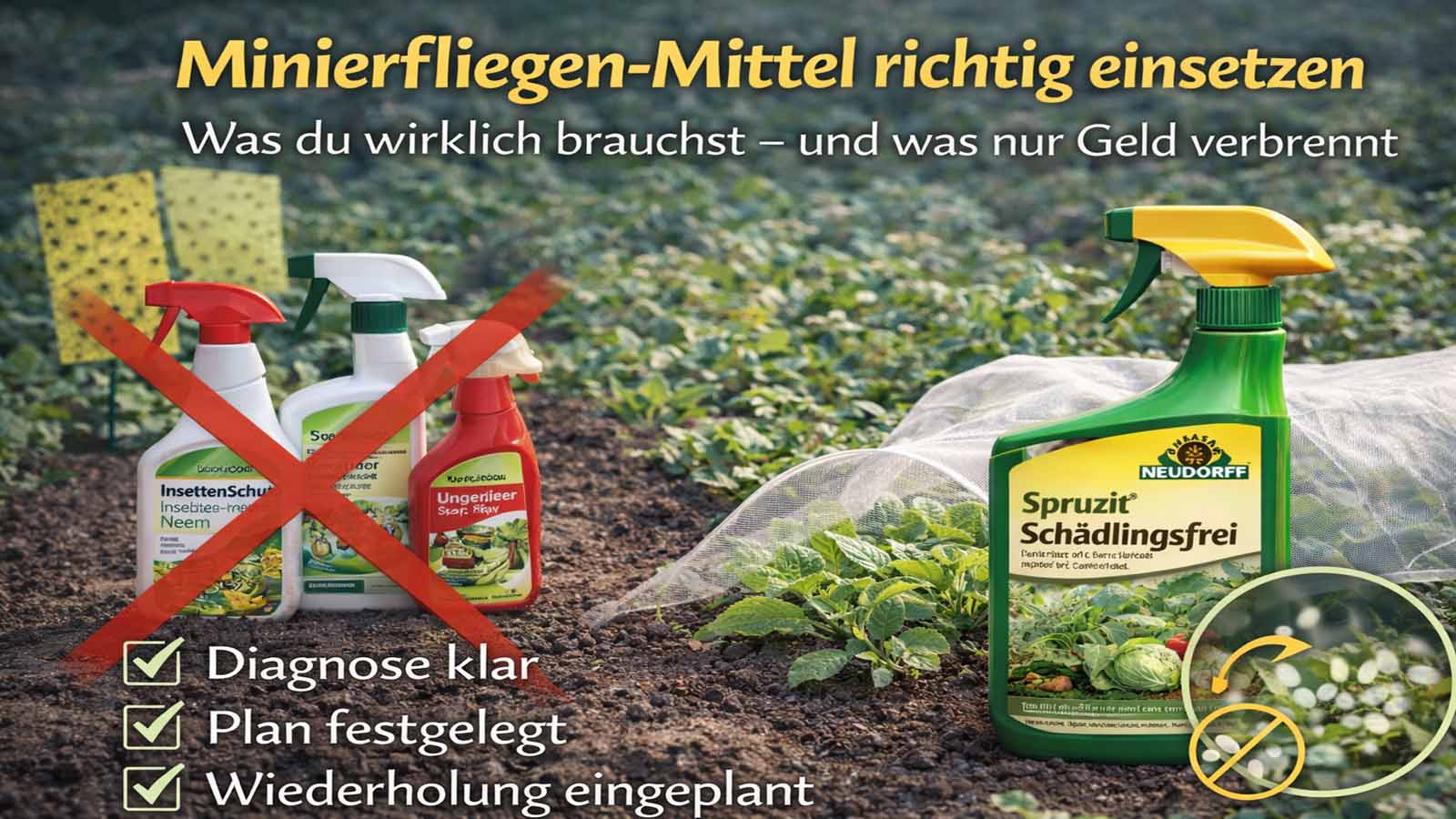 Beet mit Kulturschutznetz und Gelbtafeln; daneben Sprühflaschen als „Fehlkauf“ markiert und eine empfohlene Sprühflasche – dazu kurze Hinweise zu Diagnose, Plan und Wiederholung.