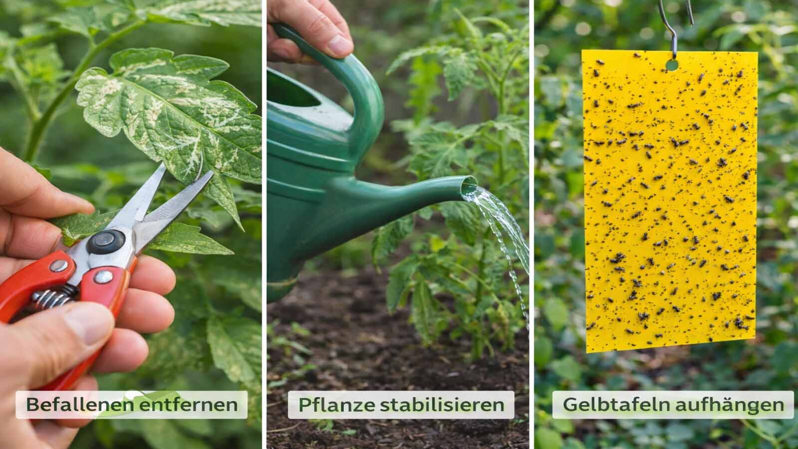 Dreigeteiltes Querformat-Bild: Links wird ein stark befallenes Blatt mit einer Schere entfernt, in der Mitte wird eine Pflanze gleichmäßig gegossen, rechts hängt eine Gelbtafel zur Kontrolle von Schadinsekten.