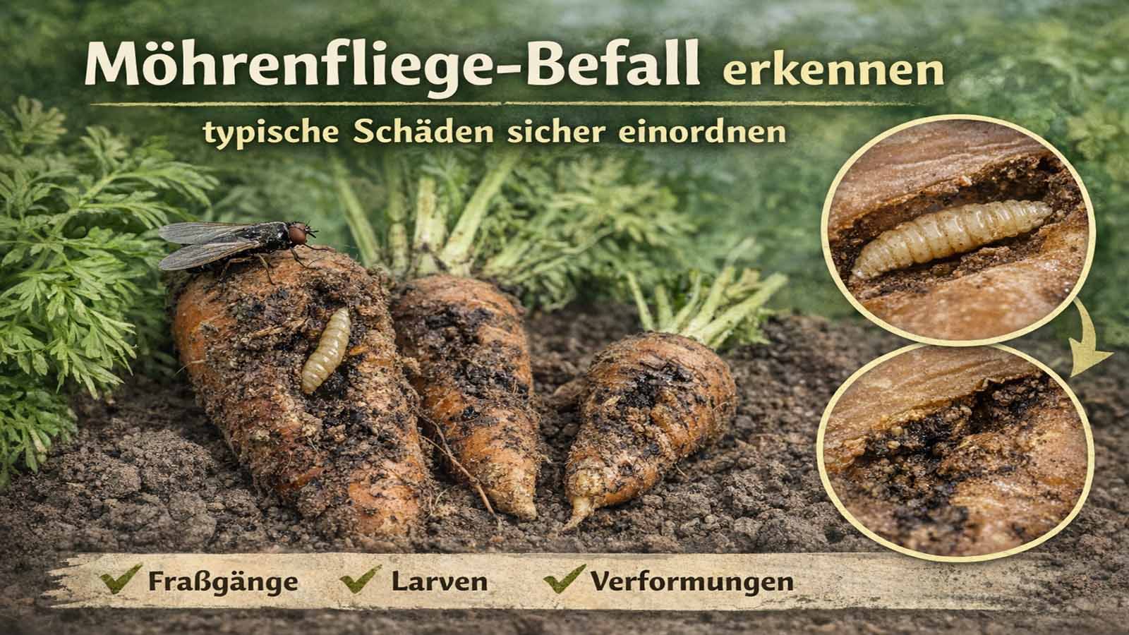 Beitragsbild zur Möhrenfliege mit geschädigten Karotten, sichtbaren Larven, Fraßgängen und Verformungen zur Einordnung typischer Befallssymptome.