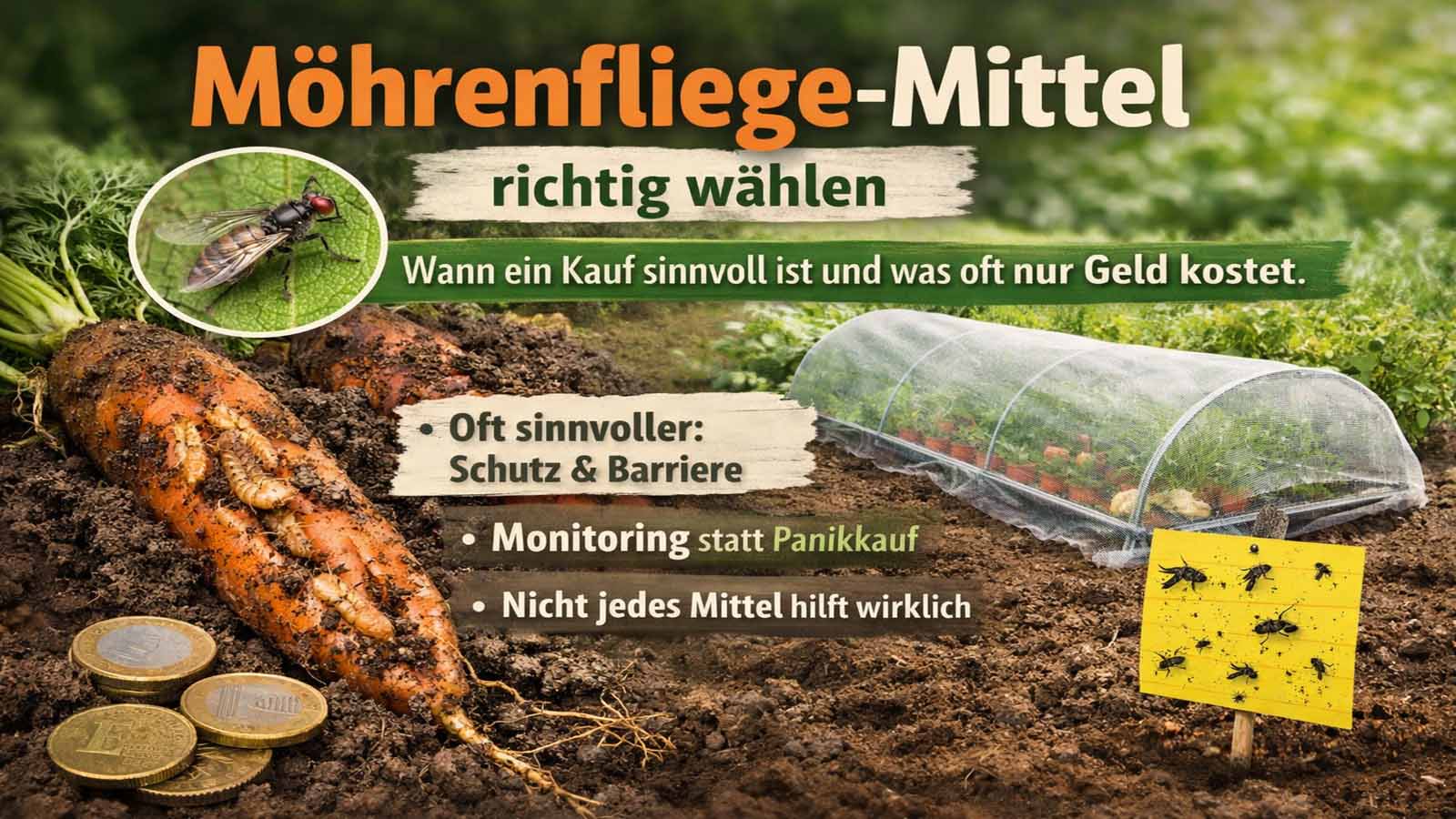 Beitragsbild zur Möhrenfliege-Kaufhilfe mit geschädigten Möhren, Schutznetz über dem Beet und Gelbtafel als Hinweis auf Schutz, Barriere und Monitoring statt Fehlkauf.