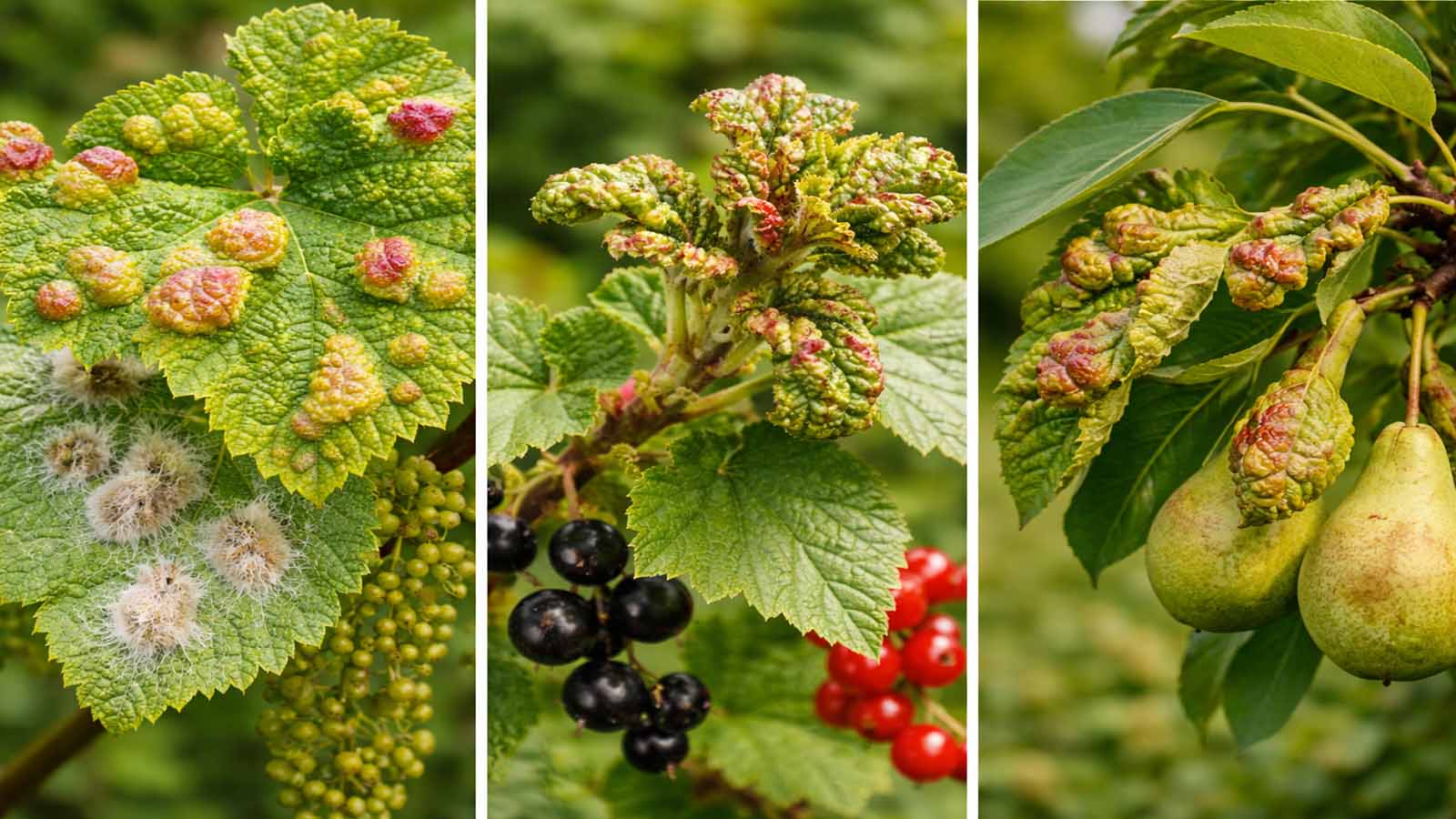Dreiteiliges Gartenbild mit typischen Gallmilben-Schäden an verschiedenen Pflanzen: links Weinblatt mit Pocken und filzigen Belägen, mittig Johannisbeeren mit verformtem Austrieb, rechts Obstgehölz mit gekräuselten, geschädigten Blättern.