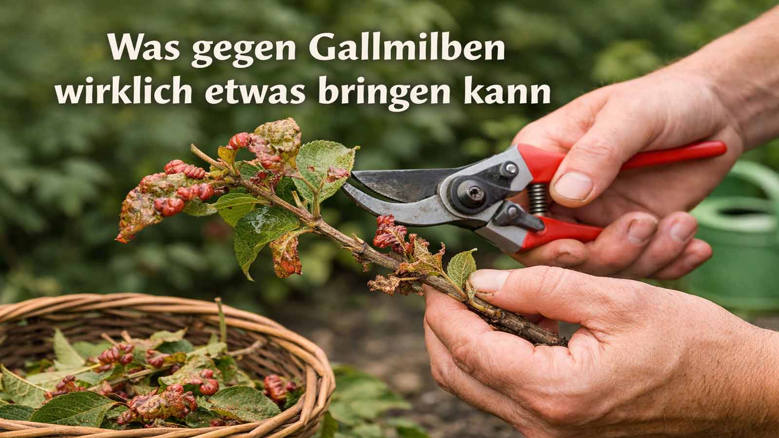 Natürliche Gartenszene bei Tageslicht: Hände schneiden mit einer roten Gartenschere stark von Gallmilben verformte Triebe gezielt zurück.