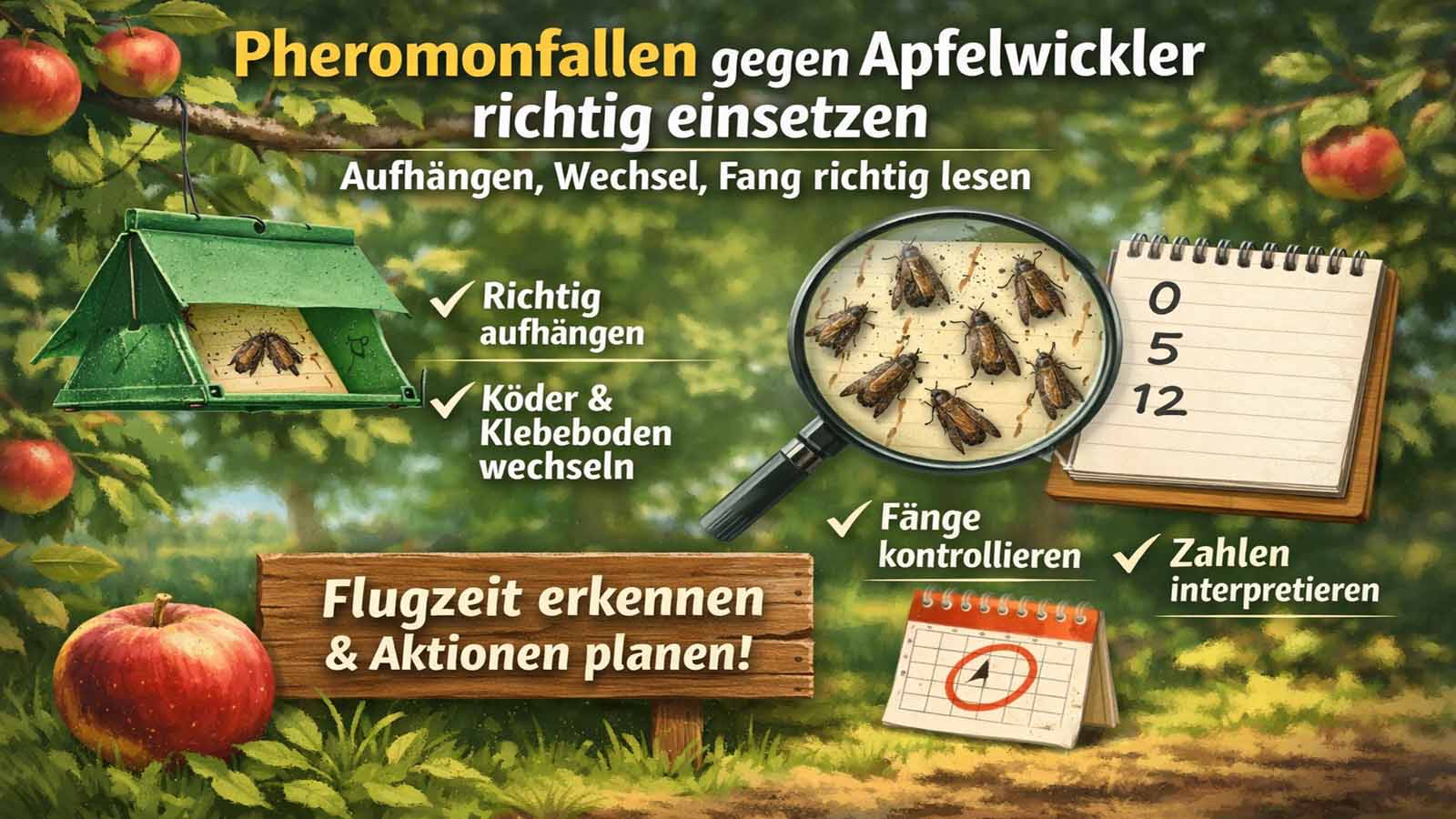Beitragsbild im Apfelgarten: Pheromonfalle am Ast, Lupe mit gefangenen Apfelwicklern und Notizblock mit Fangzahlen; Text weist auf Aufhängen, Köder/Klebeboden wechseln und Fangzahlen richtig interpretieren hin.