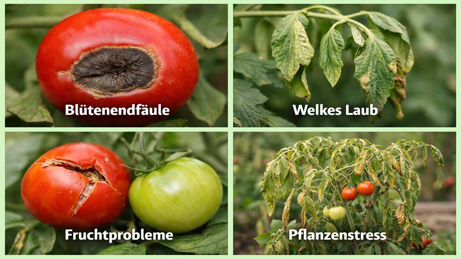 Viergeteiltes Bild zu Tomatenproblemen mit Blütenendfäule, welken Blättern, Fruchtproblemen und gestresster Tomatenpflanze, die oft mit Krankheiten verwechselt werden.