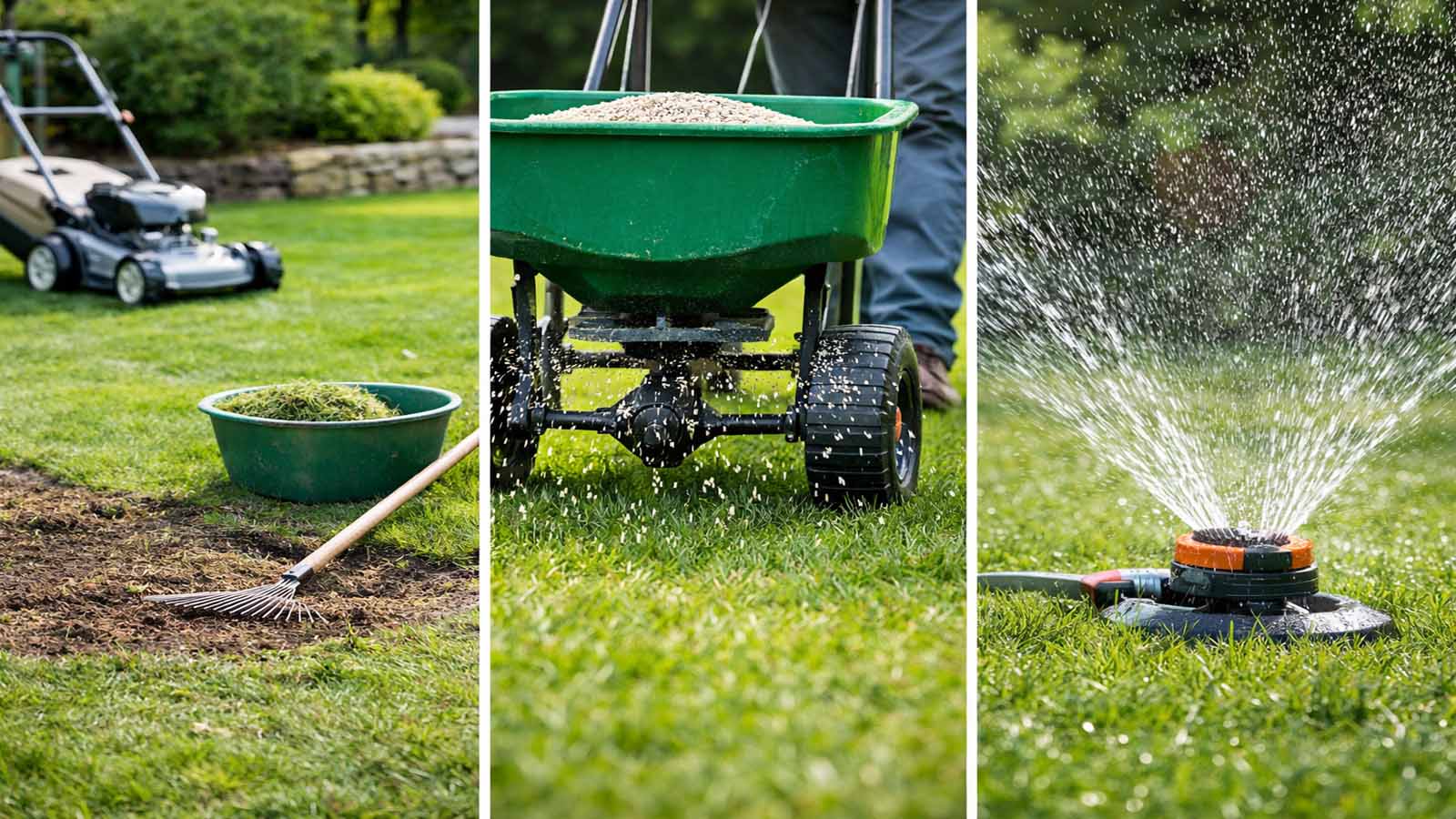 Dreigeteiltes Querformat-Bild zum Rasen düngen: links vorbereitete, gleichmäßig gemähte Rasenfläche, in der Mitte sauberes und gleichmäßiges Ausbringen von Rasendünger, rechts anschließendes Wässern des Rasens mit feinem Wasserstrahl.
