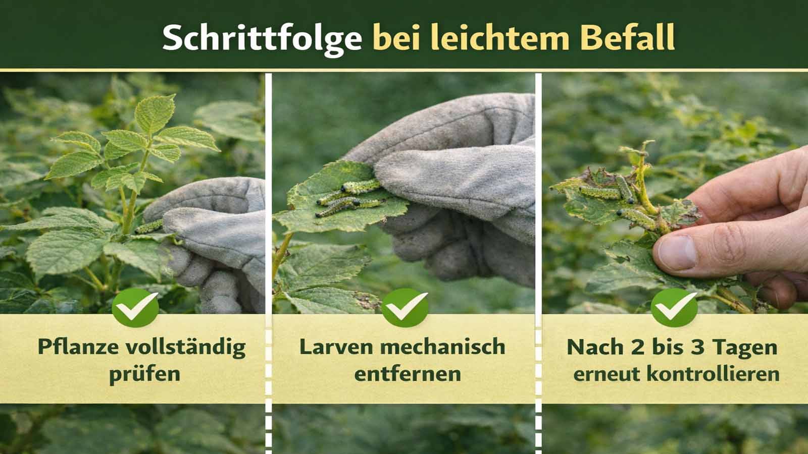 Dreiteiliges Beitragsbild zur Blattwespen-Bekämpfung bei leichtem Befall: links die vollständige Kontrolle der Pflanze, in der Mitte das mechanische Entfernen der Larven, rechts die erneute Kontrolle nach 2 bis 3 Tagen.