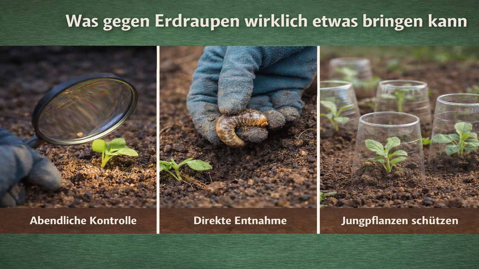 Dreiteiliges Querformat-Bild zu wirksamen Maßnahmen gegen Erdraupen mit abendlicher Kontrolle im Beet, direkter Entnahme einer Erdraupe aus dem Boden und geschützten Jungpflanzen unter kleinen Schutzhauben.