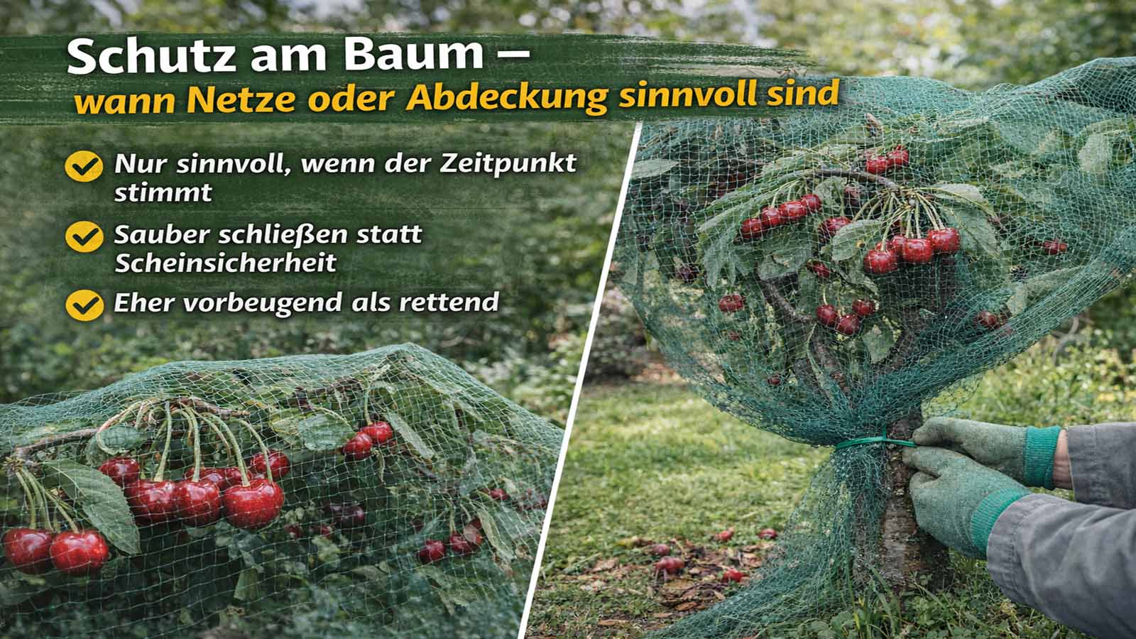 Kirschbaum, der vollständig mit einem feinmaschigen Netz abgedeckt und unten sauber verschlossen ist; Text erklärt, dass Netze nur bei richtigem Zeitpunkt und sauberem Abschluss sinnvoll sind.