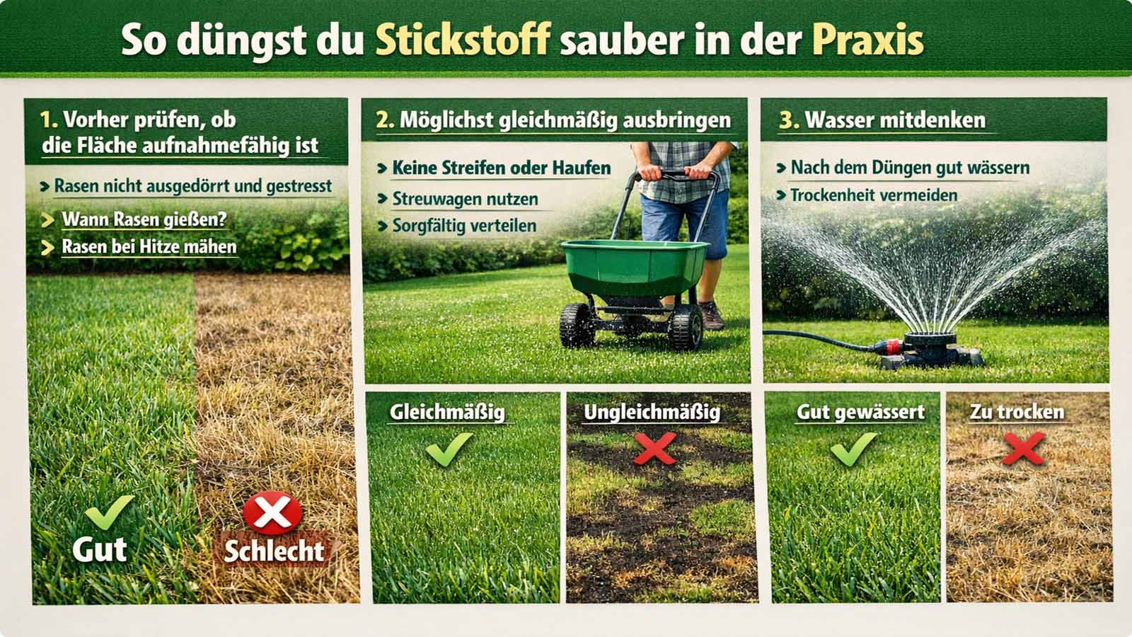 Dreiteilige Querformat-Grafik zur Stickstoffdüngung im Rasen: erst prüfen, ob die Fläche aufnahmefähig und nicht ausgetrocknet ist, dann Dünger möglichst gleichmäßig ausbringen und anschließend Wasser mitdenken. Links Vergleich zwischen gesundem und trockenem Rasen, in der Mitte gleichmäßige Verteilung mit Streuwagen, rechts Bewässerung mit Rasensprenger.
