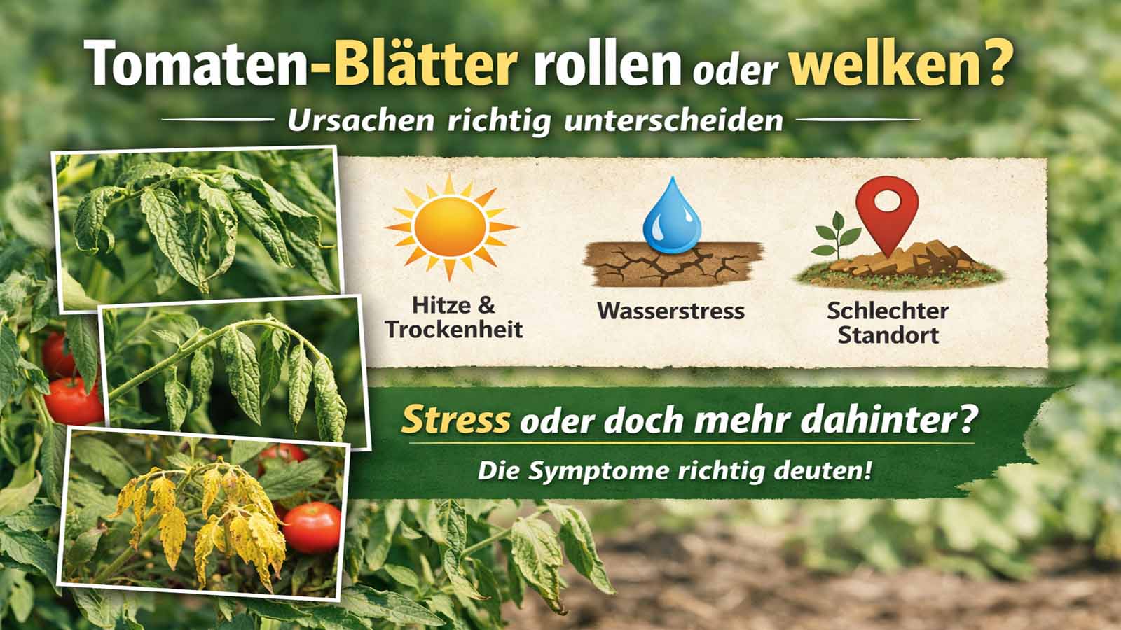 Beitragsbild mit Tomatenpflanzen und eingerollten, schlaffen sowie gelb welkenden Blättern. Daneben Symbole für Hitze und Trockenheit, Wasserstress und schlechter Standort als mögliche Ursachen. Text im Bild: „Tomaten-Blätter rollen oder welken? Ursachen richtig unterscheiden“.