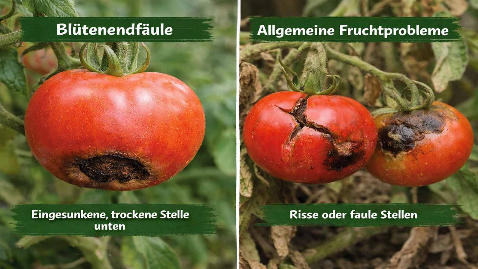 Zweigeteiltes Vergleichsbild zu Tomatenproblemen mit Blütenendfäule links und allgemeinen Fruchtproblemen rechts, jeweils als natürliche Nahaufnahme ohne weißen Hintergrund.