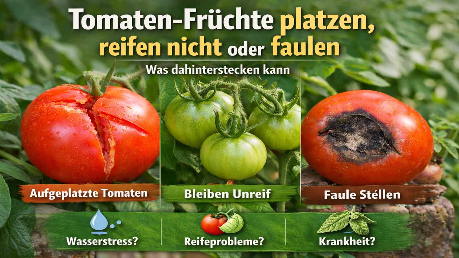 Beitragsbild mit drei Tomaten-Fruchtproblemen: aufgeplatzte Tomate, unreife grüne Tomaten und Tomate mit fauliger dunkler Stelle. Wenig Text zur Einordnung von Wasserstress, Reifeproblemen und möglichen Krankheiten.