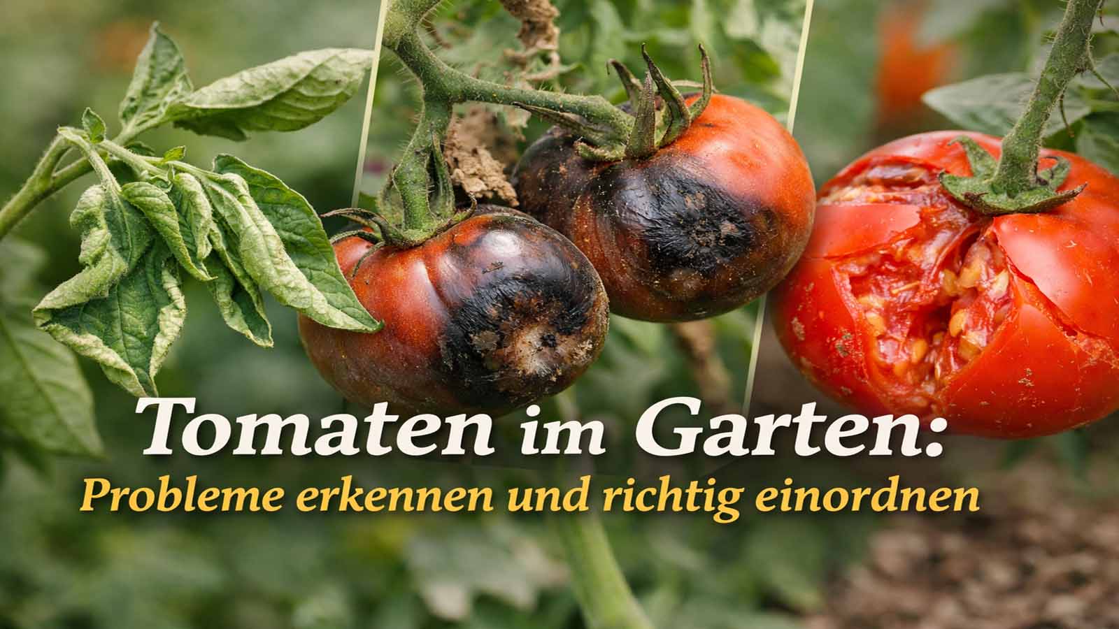 Beitragsbild mit Tomatenpflanze, eingerollten Blättern, fauligen dunklen Stellen und aufgeplatzter Tomate als visuelle Darstellung typischer Tomatenprobleme im Garten.