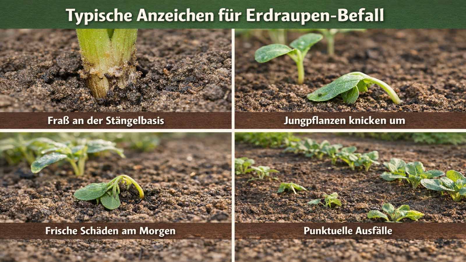 Viergeteiltes Querformat-Bild zu typischen Anzeichen für Erdraupen-Befall mit bodennahem Fraß an der Stängelbasis, umknickenden Jungpflanzen, frischen Schäden am Morgen und punktuellen Ausfällen im Beet.