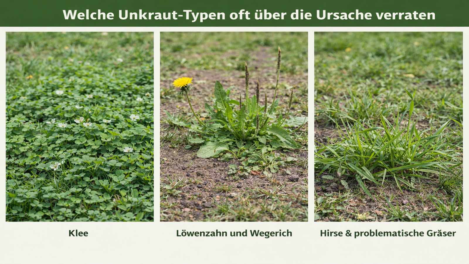 Dreiteiliges Querformat mit typischen Unkraut-Typen im Rasen: links dichter Klee in einer offenen, geschwächten Fläche, in der Mitte Löwenzahn und Wegerich auf lückigem Boden, rechts Hirse beziehungsweise andere grasartige Fremdpflanzen in einer ausgedünnten Rasenfläche.