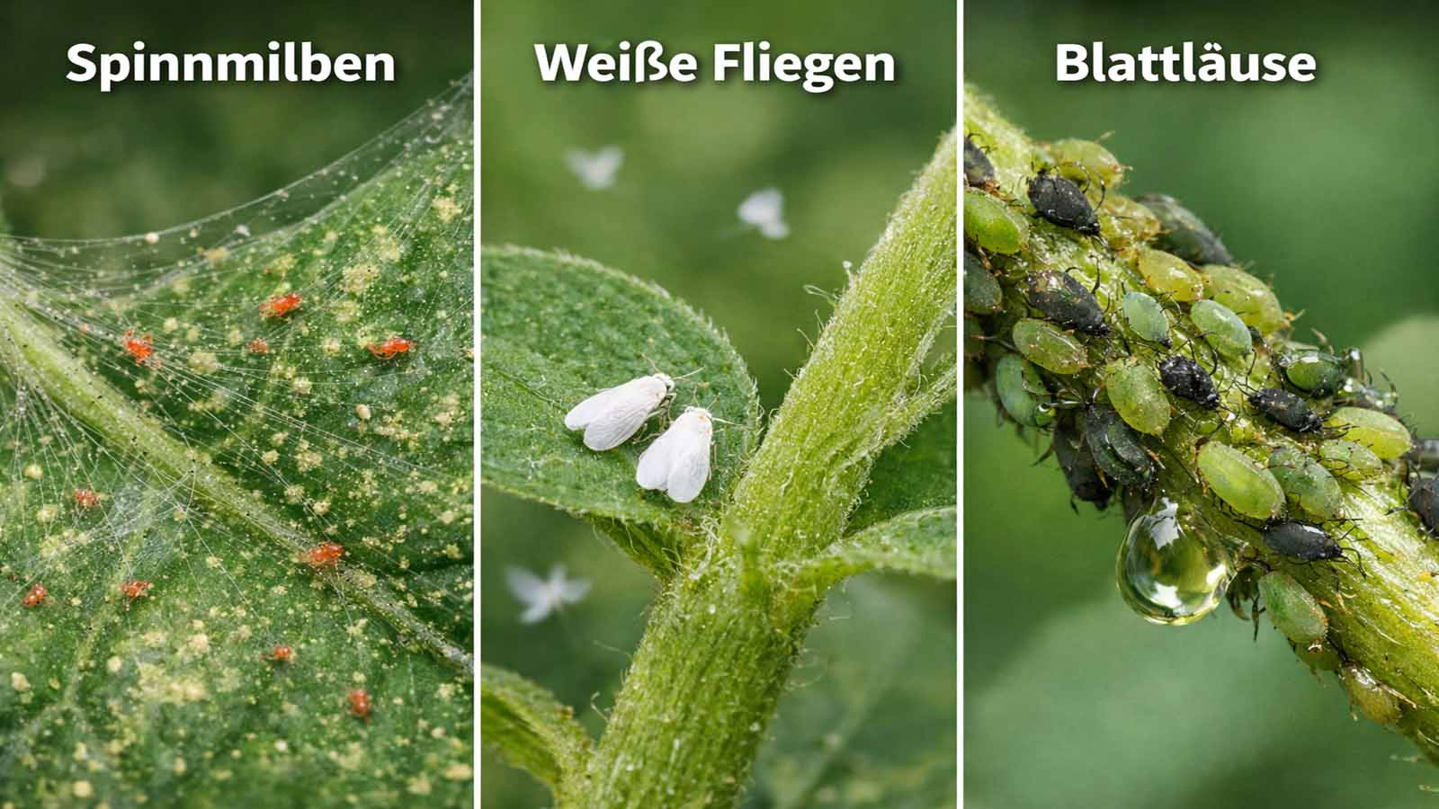 Dreiteiliges Vergleichsbild: links Spinnmilben mit feinen Gespinsten und Sprenkelung, mittig weiße Fliegen auf Blatt, rechts Blattläuse in Kolonie mit Honigtau-Tropfen.