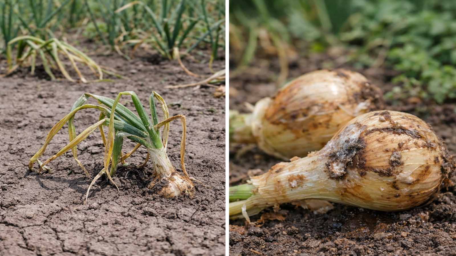 Zweigeteiltes natürliches Querformat-Bild: links eine welke Zwiebelpflanze in trockener, rissiger Erde als Beispiel für Trockenstress, rechts weiche faulige Zwiebeln mit feuchten und verfärbten Stellen als typisches Verwechslungsbild mit Fäulnis.