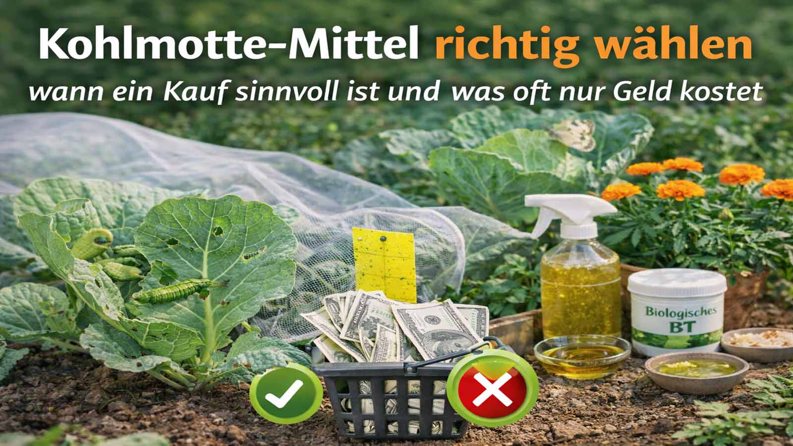 Beitragsbild zur Kohlmotte-Kaufhilfe mit befallenem Kohl, Raupen, Schutznetz, Gelbtafel und verschiedenen Gartenmitteln als Symbol für sinnvolle und unnötige Käufe bei Kohlmotte.