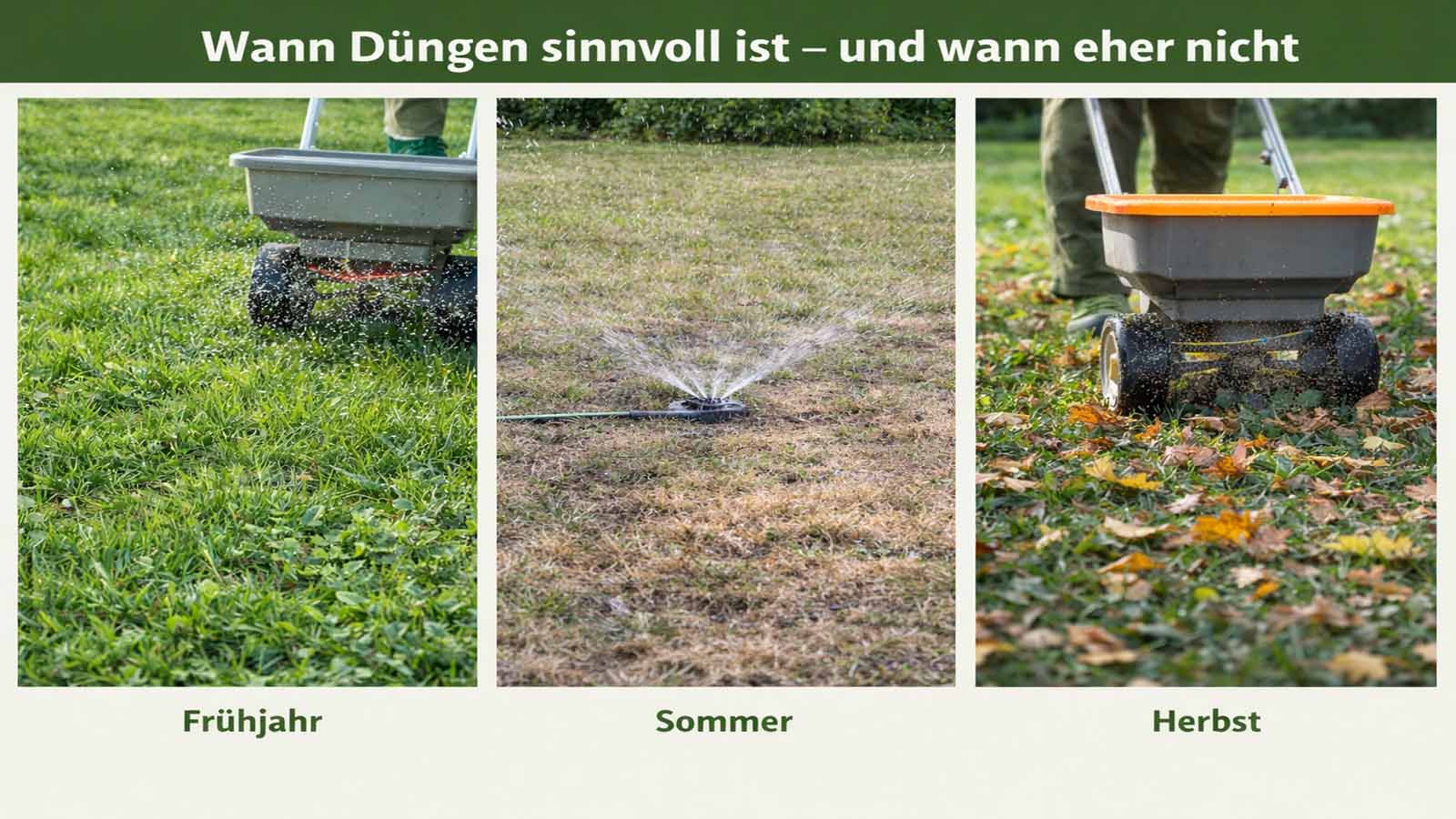 Dreiteiliges Querformat zur saisonalen Rasendüngung: links Frühjahr mit aktiv wachsendem, grünem Rasen und Düngerstreuer, in der Mitte Sommer mit trockenem Rasen und laufendem Rasensprenger als Hinweis auf Wasserstress, rechts Herbst mit Düngerstreuer auf herbstlicher Rasenfläche zur Stabilisierung vor dem Winter.