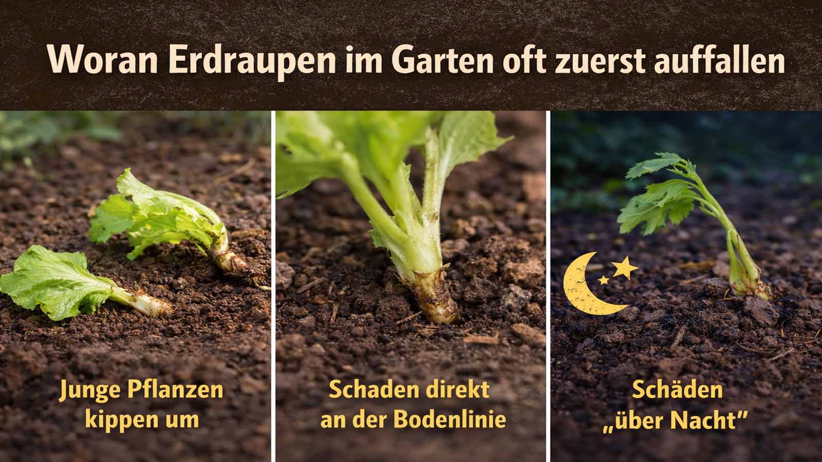 Dreiteiliges Beitragsbild im Querformat zu Erdraupen im Garten mit umkippenden Jungpflanzen, bodennahem Fraß an der Pflanzenbasis und über Nacht sichtbar werdenden Schäden im Beet.