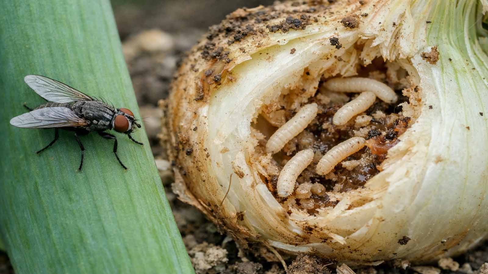 Natürliche Nahaufnahme einer Zwiebelfliege auf einem Zwiebelblatt neben einer geöffneten, von weißen Maden befallenen Zwiebel im Gartenboden.