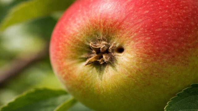 Kleines Einbohrloch am Apfel nahe Kelch oder Stielansatz – typischer Hinweis auf Apfelwickler.
