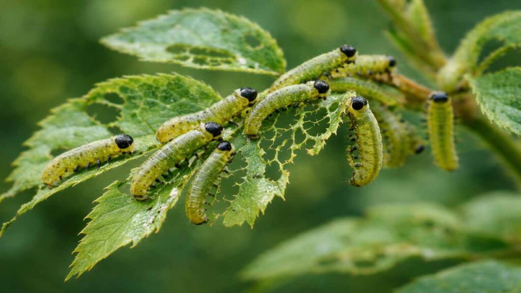 Mehrere Blattwespenlarven gleichzeitig an einem Trieb – typisches gebündeltes Auftreten.