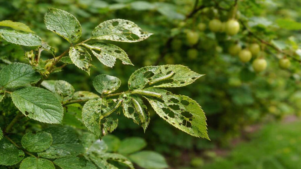 Typischer Blattwespen-Befall an Rose oder Stachelbeere: Fraßspuren am Laub, teils mit Larven am Trieb.