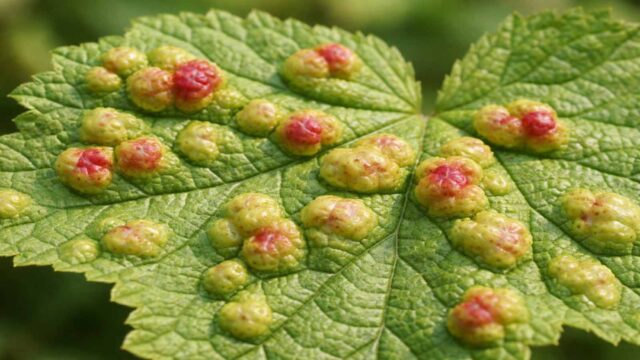 Gallmilben-Schaden: pockige Blasen und kleine Wucherungen auf der Blattoberseite.