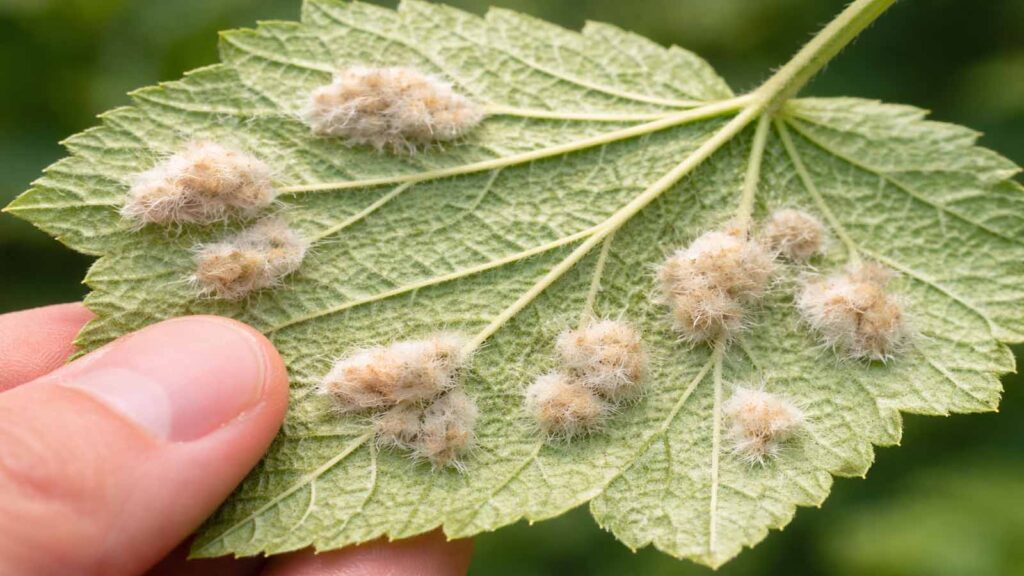 Filziger, samtiger Belag auf der Blattunterseite – typisches Gallmilben-Schadbild.