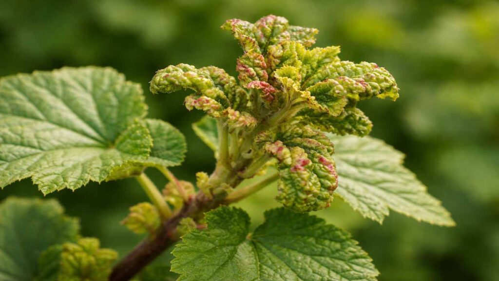 Verformter, gekräuselter Neuaustrieb – unruhige junge Blätter als typischer Gallmilben-Hinweis.