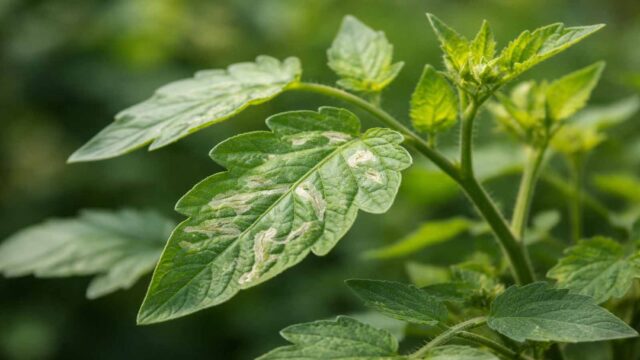 Leichter Minierfliegen-Befall: einzelne ältere Blätter mit hellen Miniergängen, neuer Austrieb ist noch sauber.