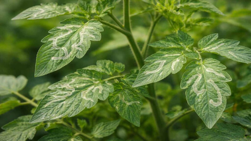 Mittlerer Minierfliegen-Befall: mehrere frische helle Miniergänge an verschiedenen Blättern und Trieben.