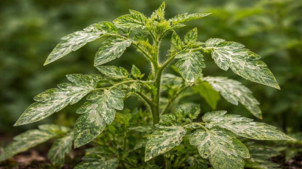 Starker Minierfliegen-Befall: viele Blätter inklusive frischem Austrieb sind von Miniergängen betroffen, Wachstum wirkt gebremst.