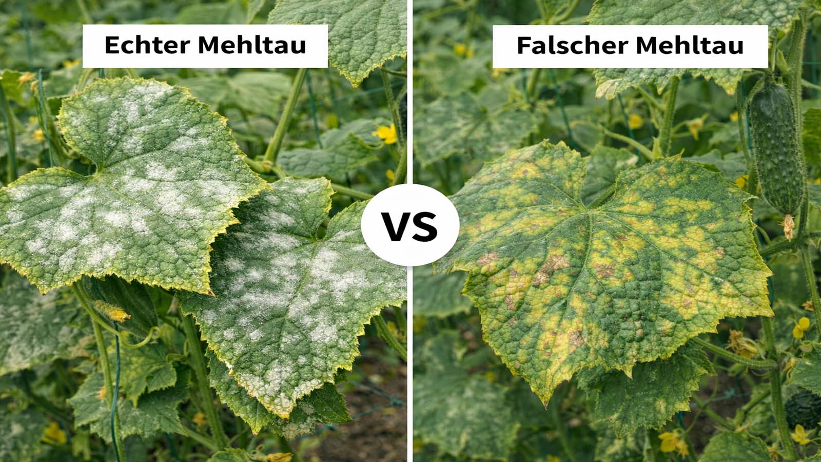 Vergleichsbild von Gurkenblättern mit Echtem Mehltau links mit weißlich-mehligem Belag und Falschem Mehltau rechts mit gelblich-braunen Blattflecken.