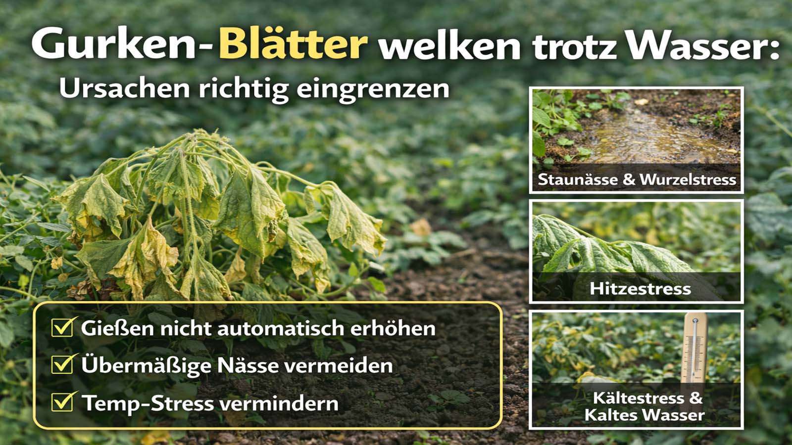 Welke Gurkenpflanze im Beet trotz feuchter Erde, dazu Hinweise auf mögliche Ursachen wie Staunässe, Hitze- und Kältestress sowie Tipps zum richtigen Reagieren.