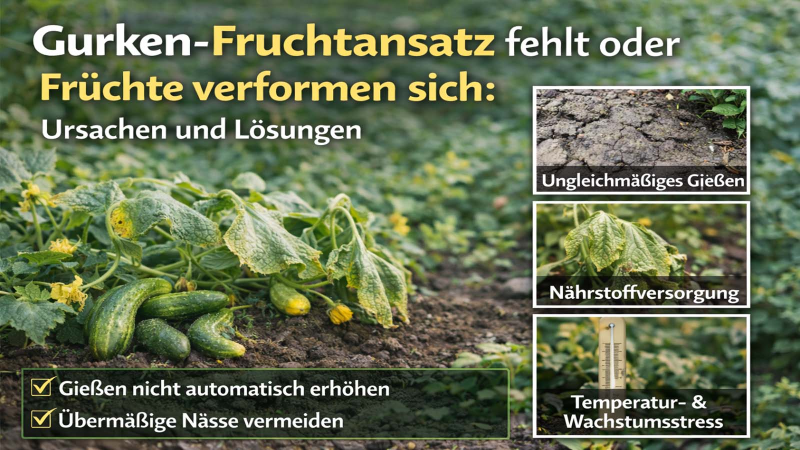 Gurkenpflanze im Beet mit kleinen und verformten Gurkenfrüchten, dazu Hinweise auf mögliche Ursachen wie ungleichmäßiges Gießen, Nährstoffungleichgewicht und Temperaturstress.