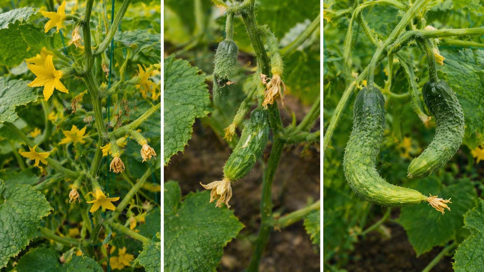 Dreiteiliges Vergleichsbild mit Gurkenpflanze links mit vielen Blüten, in der Mitte mit kleinen stehengebliebenen Fruchtansätzen und rechts mit deutlich verformter Gurke an sonst grüner Pflanze.