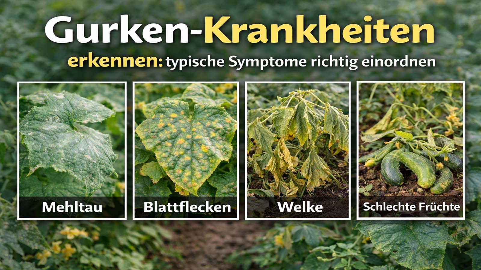 Beitragsbild mit Gurkenpflanzen und vier typischen Problemfeldern: Mehltau mit weißem Belag, Blattflecken, welke Gurkenpflanze und verformte Gurkenfrüchte.