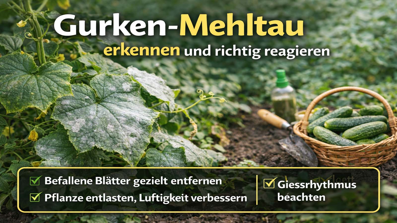 Gurkenpflanze mit deutlich weißem Mehltau-Belag auf den Blättern im Gemüsebeet, daneben Erntekorb mit Gurken und kurze Hinweise zu richtigem Reagieren bei Befall.