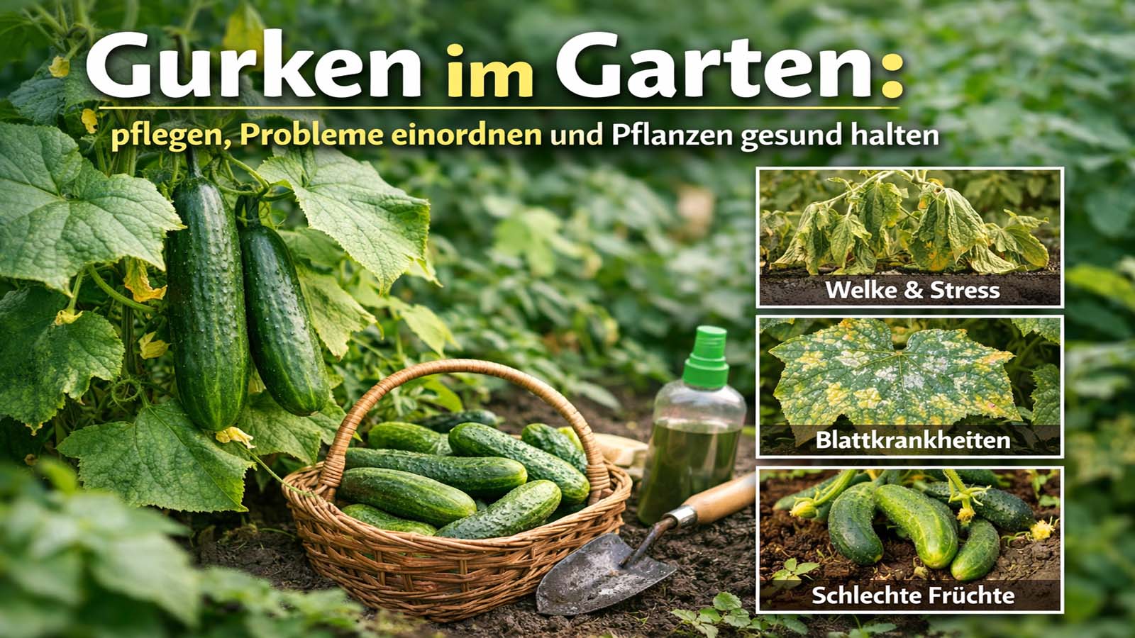 Gurkenpflanzen im Gemüsegarten mit reifen Gurken, Erntekorb und drei Bildausschnitten zu Welke, Blattkrankheiten und verformten Früchten.