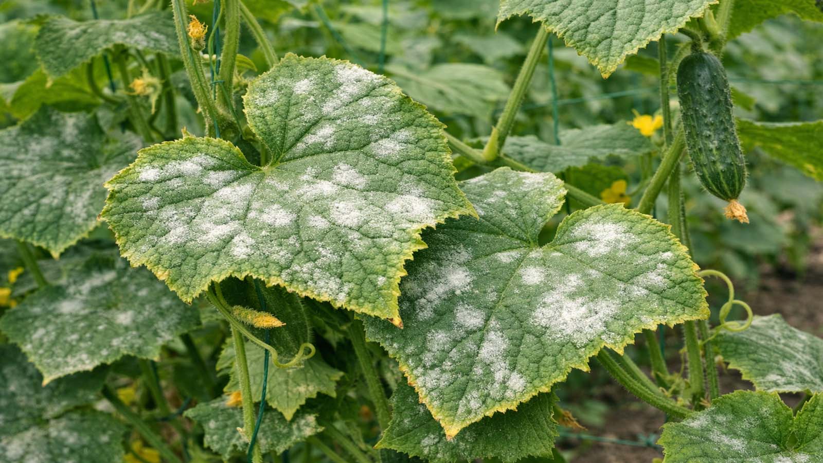 Nahaufnahme von Gurkenblättern mit weißlich-mehligem Mehltaubelag an mehreren Blattflächen im Gartenbeet.