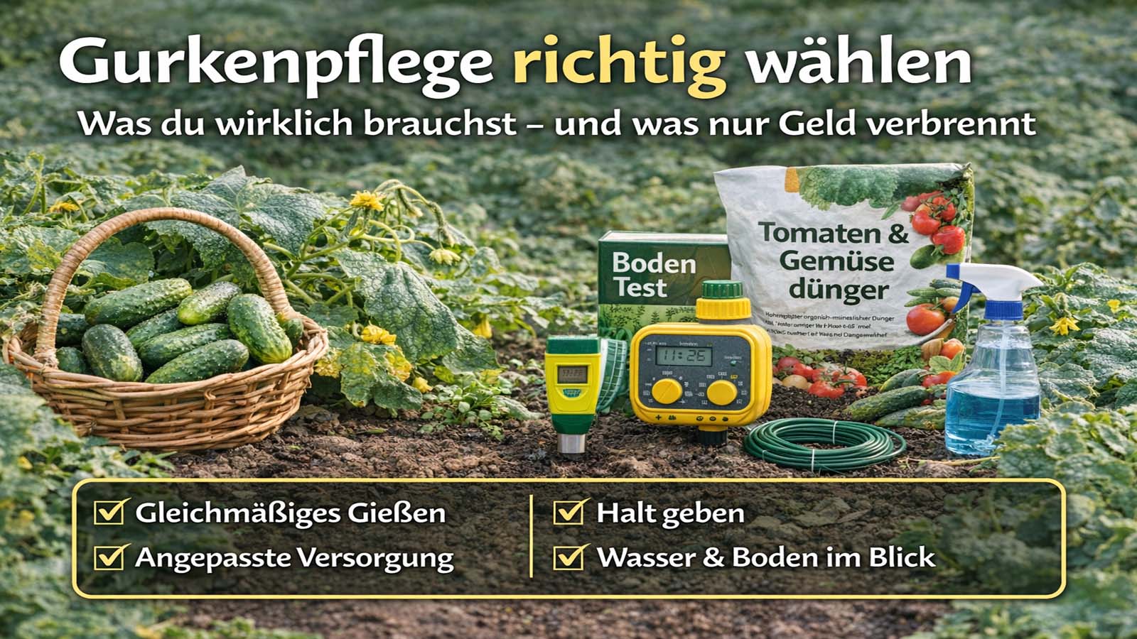 Beitragsbild zur Gurkenpflege mit Gurkenpflanzen, Erntekorb und hilfreichen Produkten wie Boden-Test, Dünger und Bewässerungszubehör sowie kurzen Hinweisen zu sinnvoller Pflege.