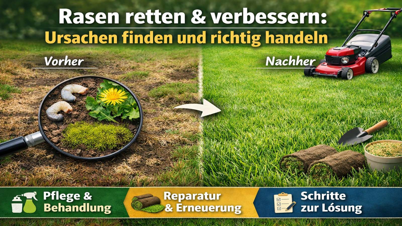 Geteiltes Beitragsbild mit trockenem, lückigem Rasen links und dichtem, grünem Rasen rechts zum Thema Rasen retten und verbessern.