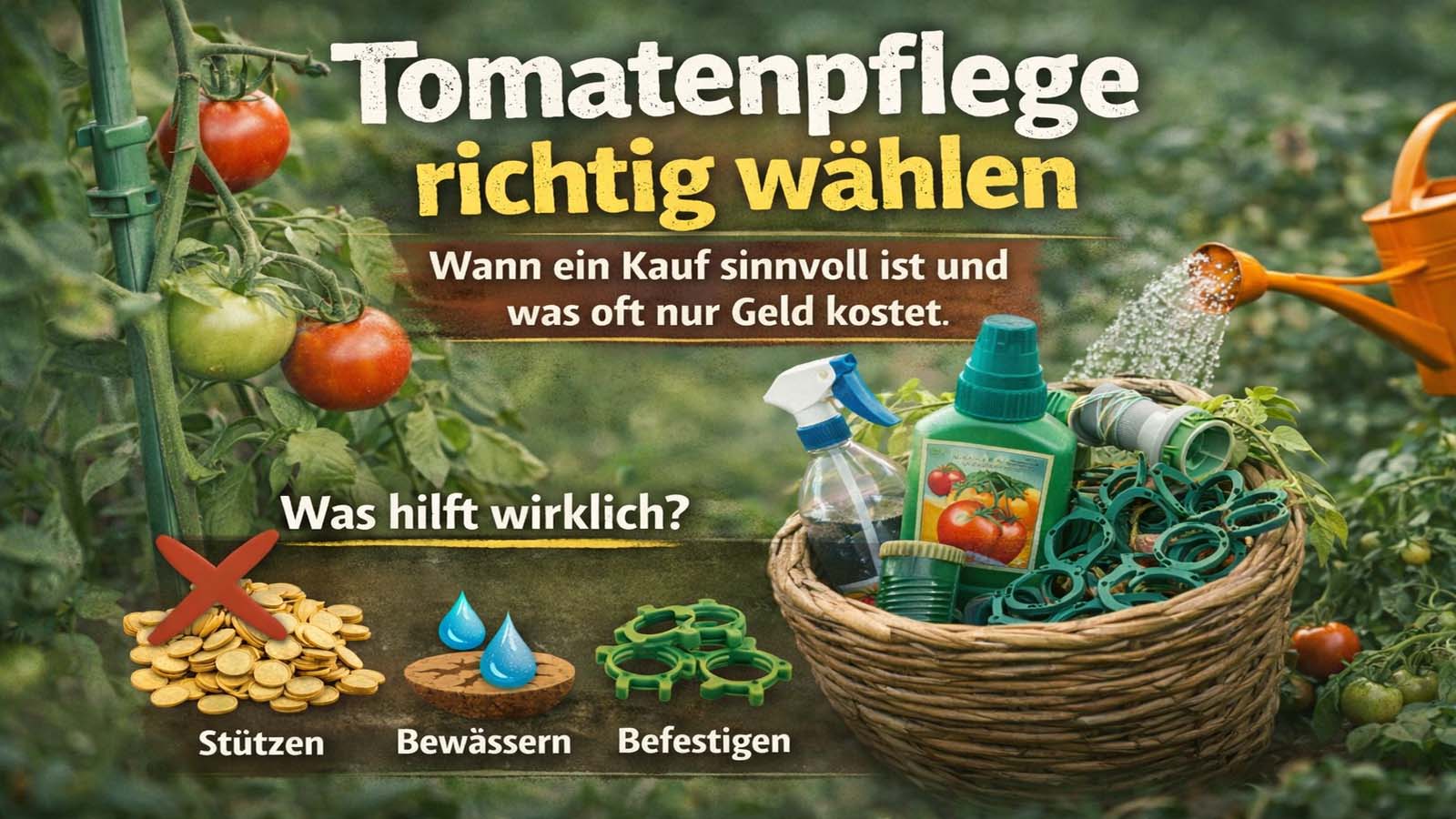Beitragsbild zur Tomatenpflege mit Tomatenpflanze, Stütze, Bewässerung und Befestigungshilfen sowie Hinweis, dass nicht jeder Kauf bei Tomaten sinnvoll ist.