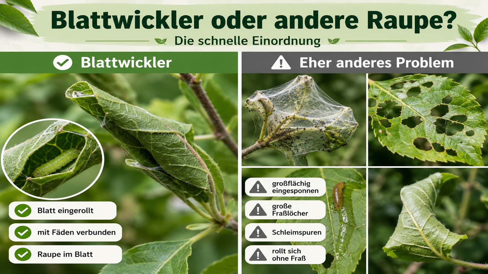 Blatt eingerollt, Fäden sichtbar oder Raupe versteckt? So erkennst du, ob es Blattwickler sind oder eher Gespinstmotten, Schnecken oder ein Pflegeproblem.