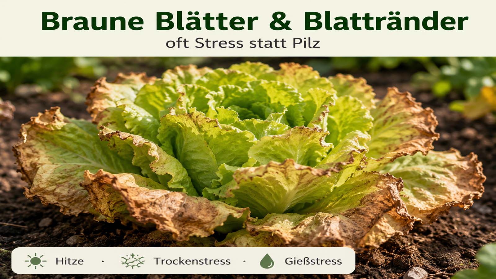 Salatpflanze mit braunen, trockenen Blatträndern durch Hitze, Trockenstress oder ungleichmäßiges Gießen.