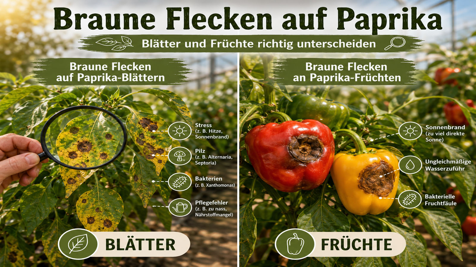 Zweigeteilte Grafik mit Paprikablättern mit braunen Flecken und Paprikafrüchten mit dunklen Schadstellen zur Unterscheidung von Blatt- und Fruchtschäden.