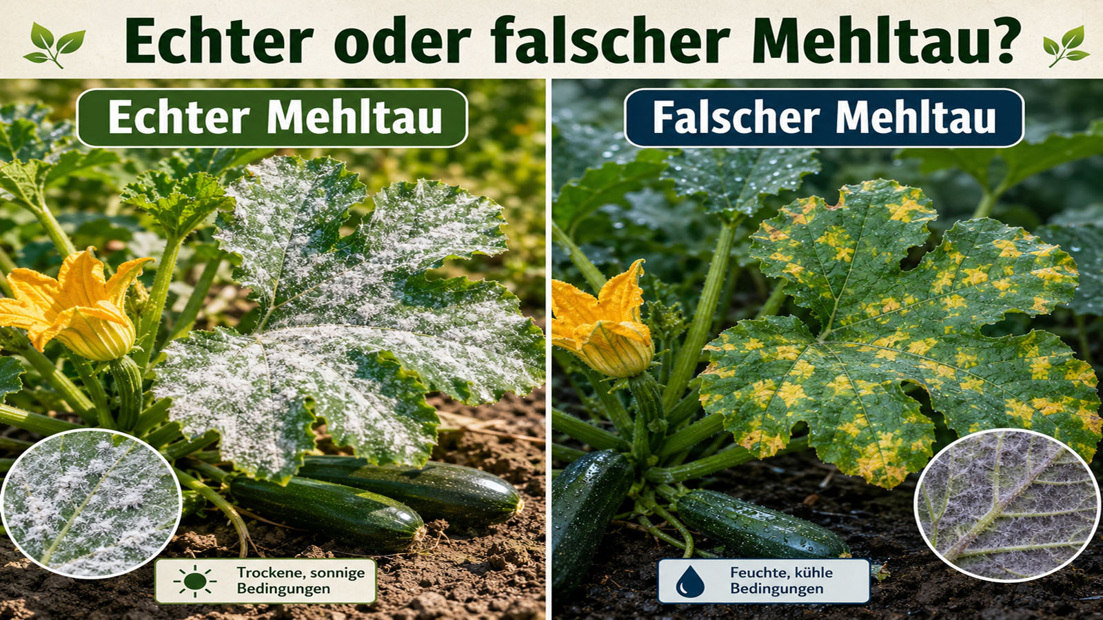 Zweigeteiltes Vergleichsbild mit echtem Mehltau als weißem, mehligem Belag auf Zucchini-Blättern und falschem Mehltau mit gelben Flecken und feuchtem Blattbefall.